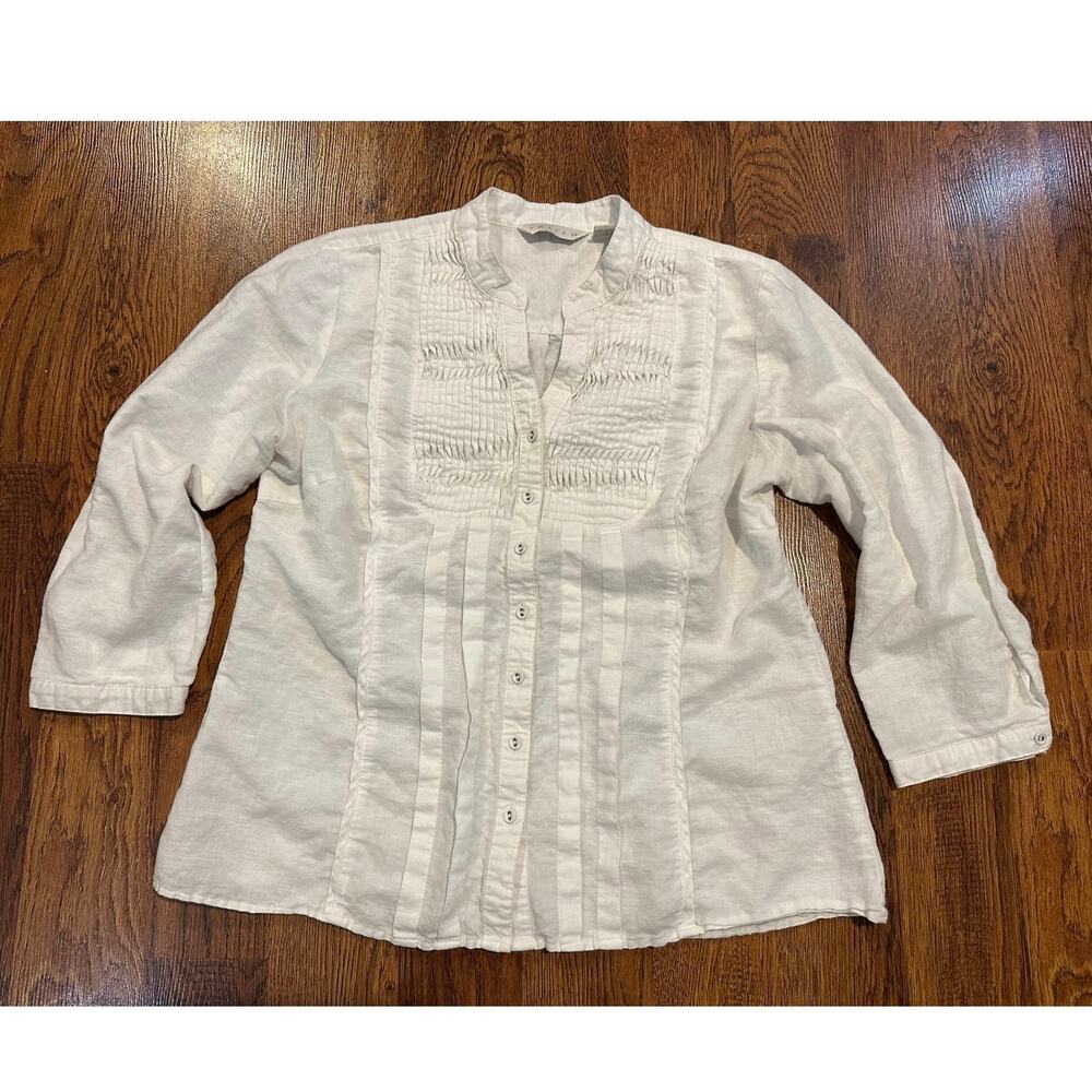 Tweeds Womenโs Pintuck Cotton Linen Blend Button Down White Size Large
